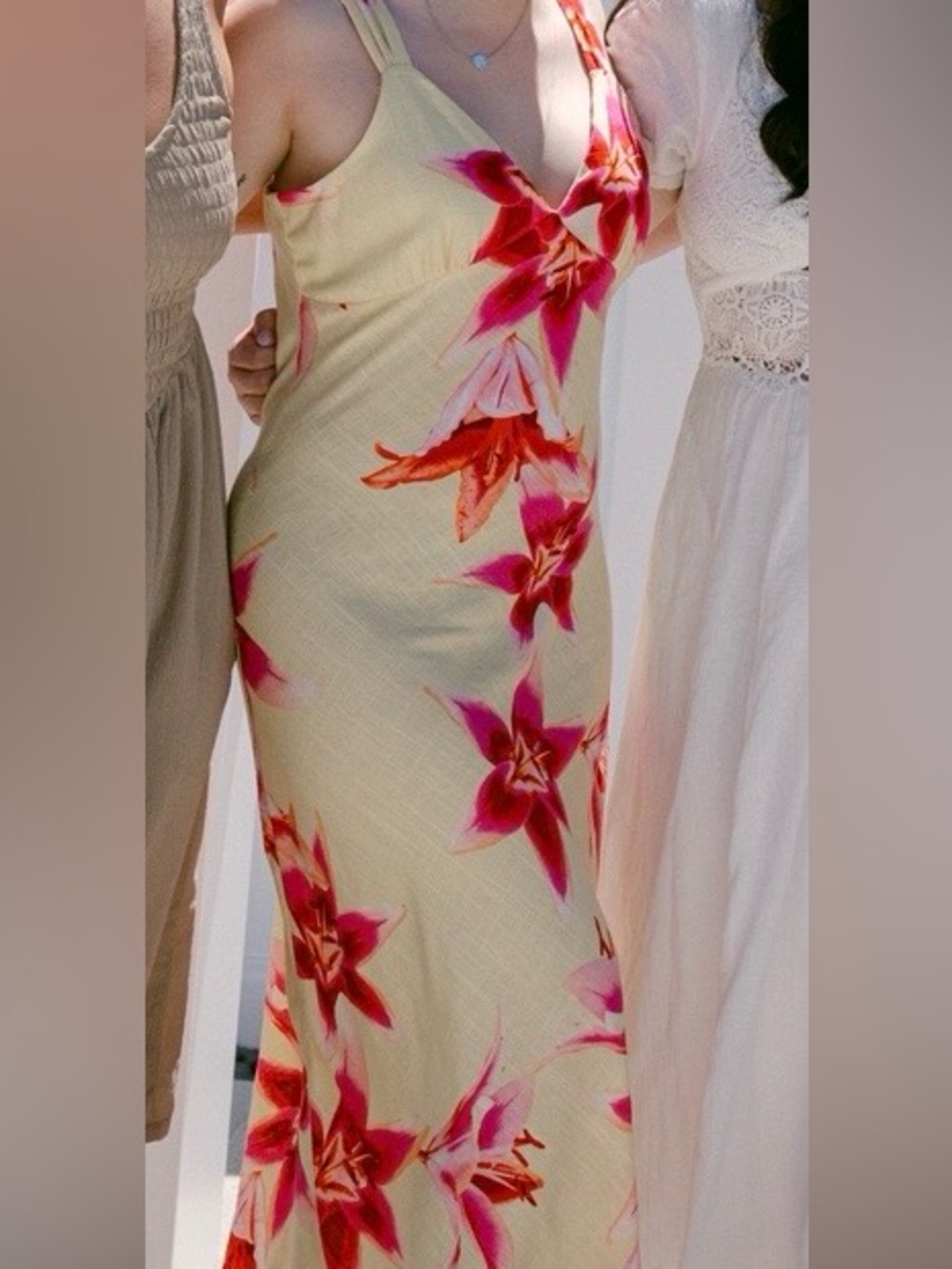 Sleeveless Yellow Maxi Dress with Pink Floral Print